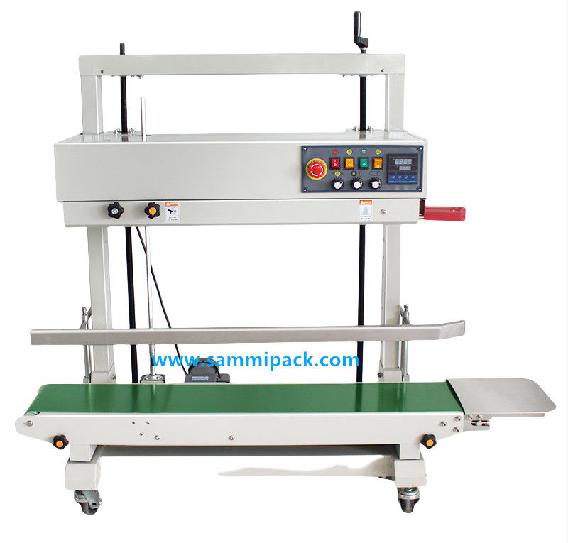 Electric Vertical Continuous Band Sealing Machine For Food / Beverage Plastic Bags Foil Film Pouch Packaging Machine