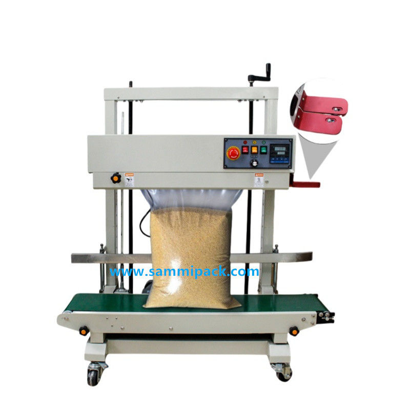 Electric Vertical Continuous Band Sealing Machine For Food / Beverage Plastic Bags Foil Film Pouch Packaging Machine