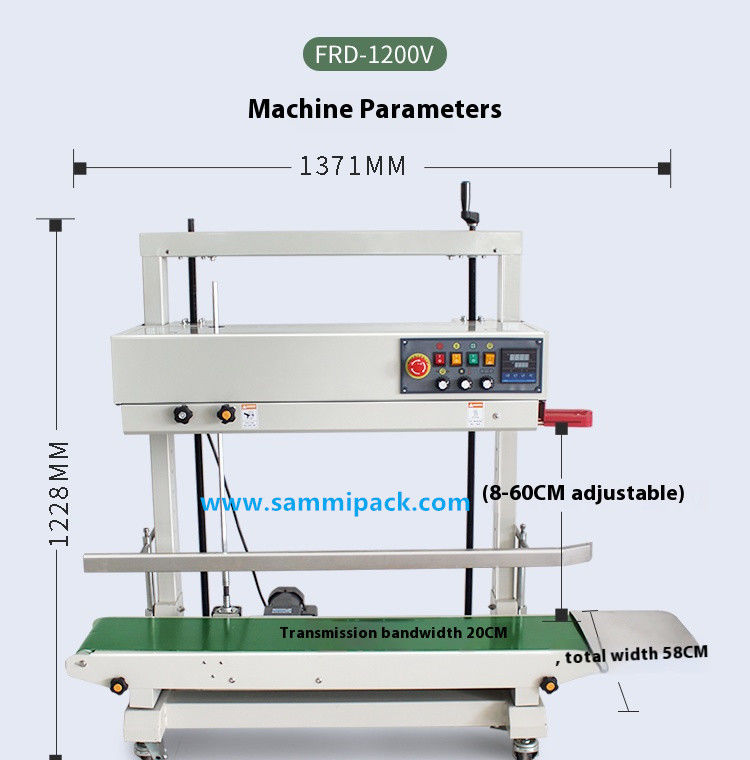 Electric Vertical Continuous Band Sealing Machine For Food / Beverage Plastic Bags Foil Film Pouch Packaging Machine
