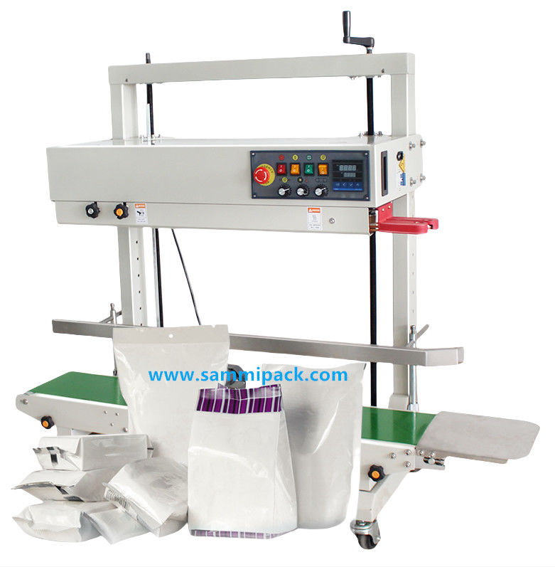 Electric Vertical Continuous Band Sealing Machine For Food / Beverage Plastic Bags Foil Film Pouch Packaging Machine
